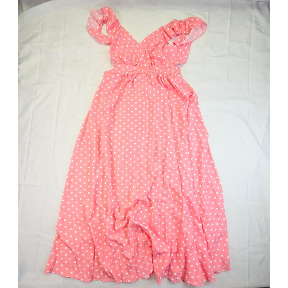 SHEIN Women's Polka Dot Maxi Dress Size Small Pink Ruffle V-Neck Tie Back Boho